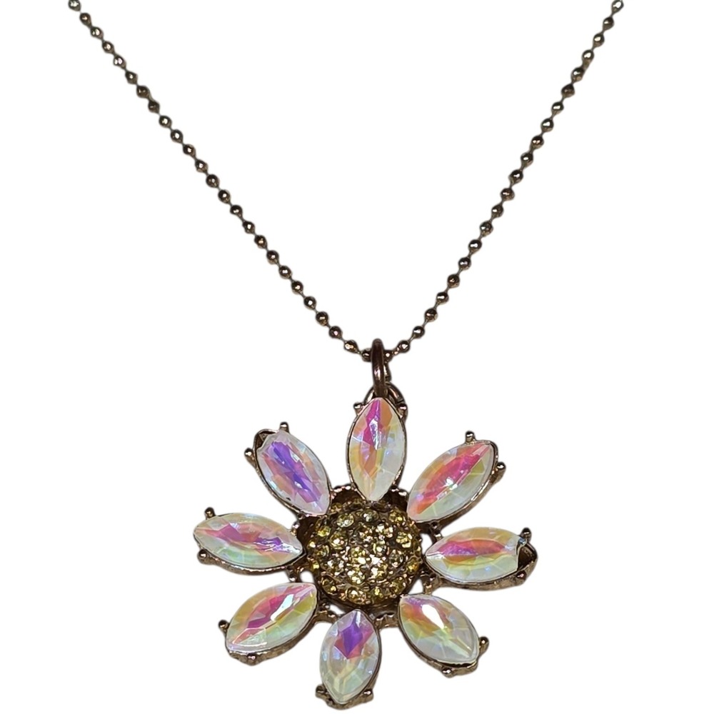 Flower Pendant Necklace Iridescent Rhinestone Heart‎ Charm Extender Women